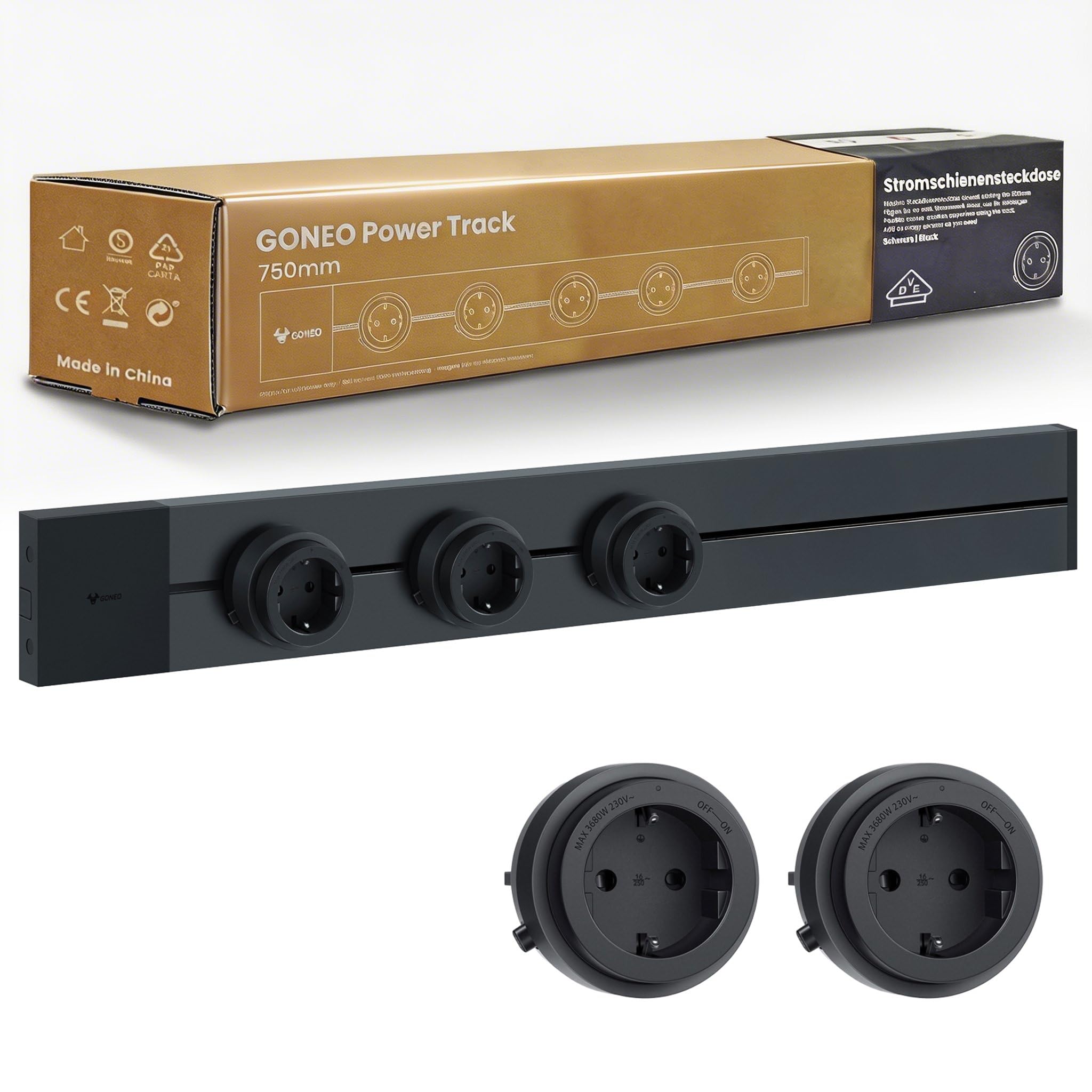 GONEO Regleta de corriente de montaje en superficie, riel de 75 cm con 3 enchufes modulares
