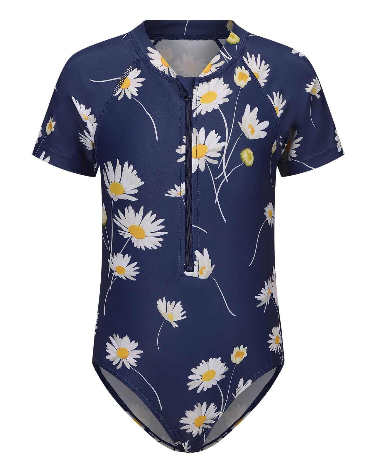 Big Girls One Piece Swimsuits Short Sleeve Rash Guard for Girl Hawaiian Bathing Suit with Sun Protection Beachwear Navy Blue Daisy Size 14/12-14 Years