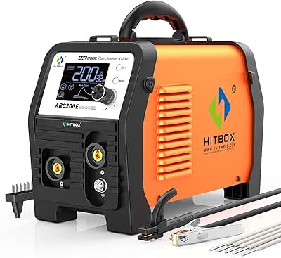 HITBOX ARC200E Soldador Inverter 200A, maquina de soldar electrodo IGBT DC MMA/Lift TIG, MIG con hilo tubular compatible, control sinérgico, Hot Start, Anti-Stick, 230V con pantalla TFT-LCD
