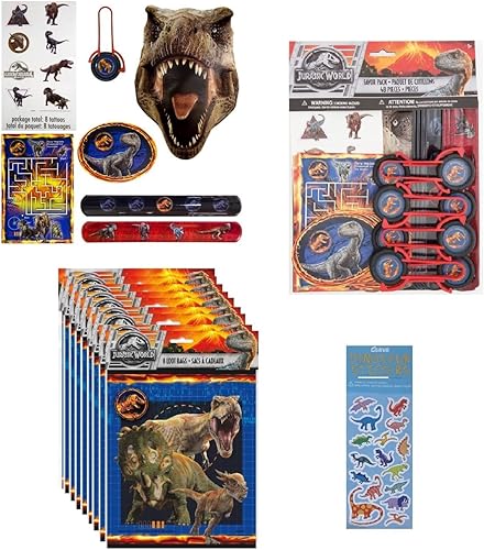 Unique El paquete de suministros para fiestas Jurassic World incluye 8 bolsas de botín de plástico, paquete de 48 piezas que incluye 8 hojas de