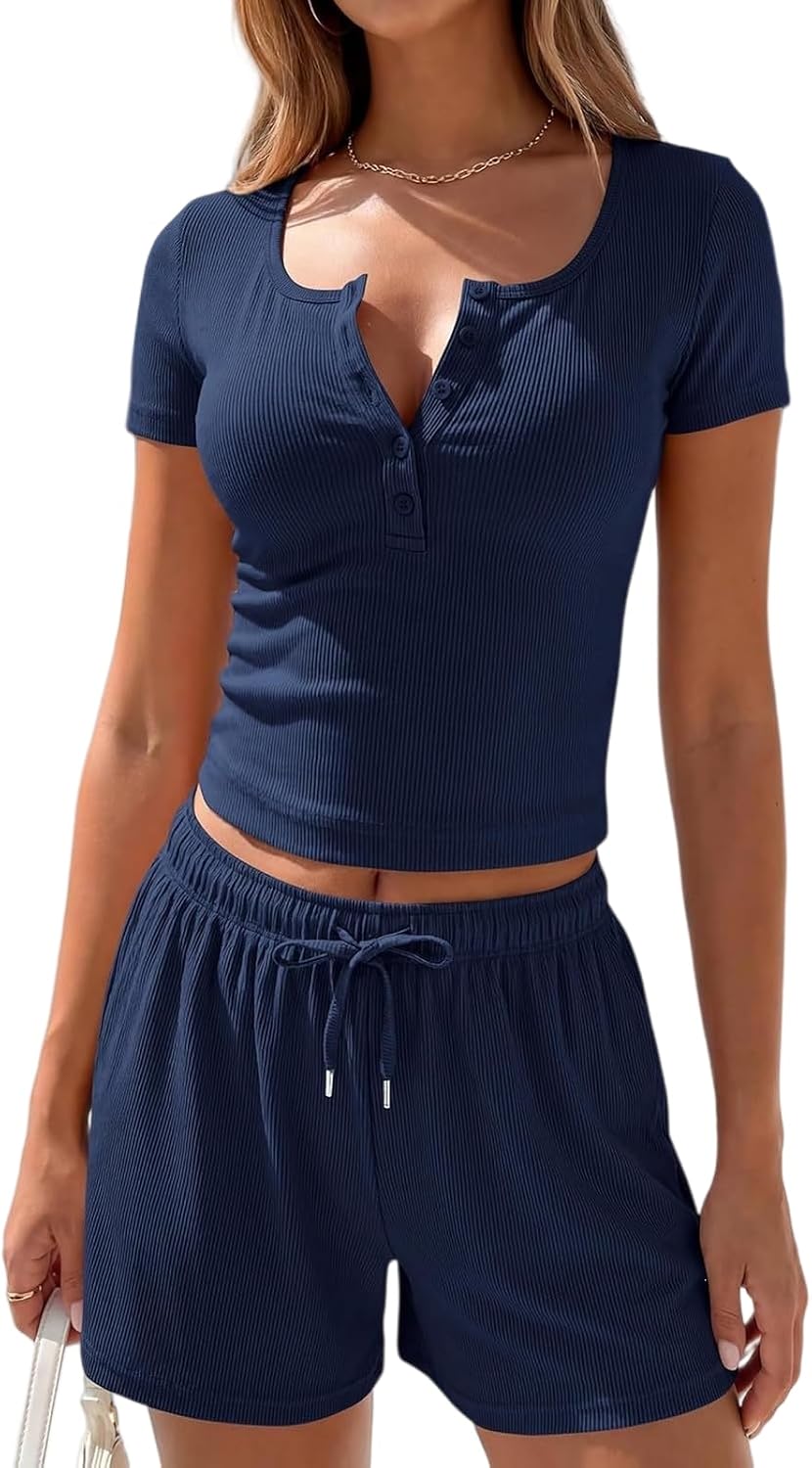 2 Piece Sets for Women Summer Crop Ribbed Henley Tops Casual Shorts Matching Comfy Lounge Sets Beach Vacation Outfits