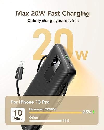 Miniatura 3 de charmast Cargador portátil de 20000 mAh con enchufe de pared, cargador de batería USB C, batería PD de 20 W con cables incorporados, esencial de