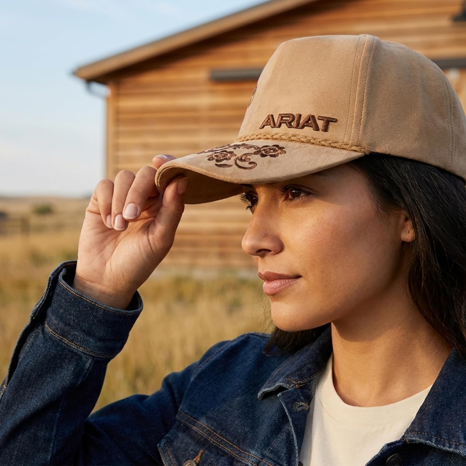 ARIAT Women's Embroidered Paisley Suede Snapback Rope Cap, Curved Brim, Tan