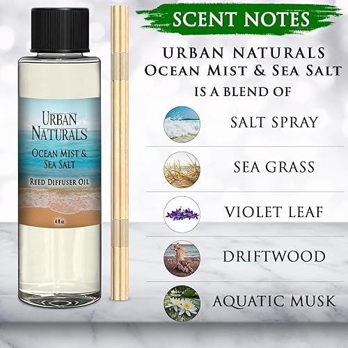 Miniatura 123 de Urban Naturals Reed Diffuser Oil Refill Ocean Mist Sea Salt with Salt Spray, Violet Leaf, Sea Grass, Driftwood 8 oz + Free Reed Sticks, Made in The