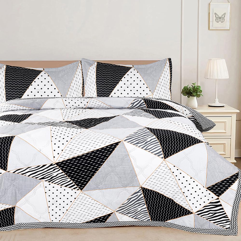 Floral Printed Ultrasonic Bedcover| Microfiber Comforter for Double Bed | Lightweight AC Blanket for All Seasons | Soft Summer Quilt (90x90 Inches) with 2 Pillow Covers -White & Black-image-15