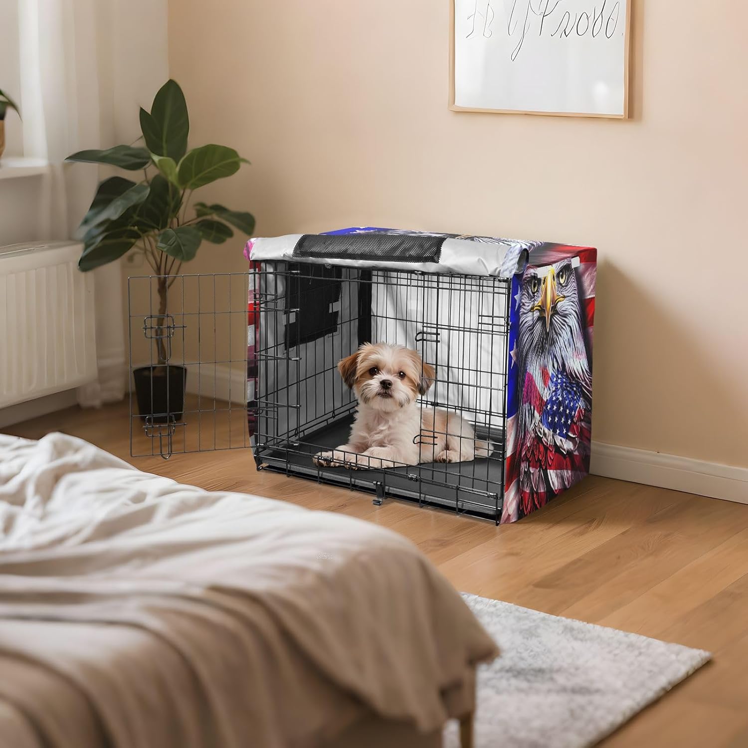 Us Flag Style Dog Crate Covers S-XL Windproof Pet Cage Cover with Openings, Reduces Barking, X-Large