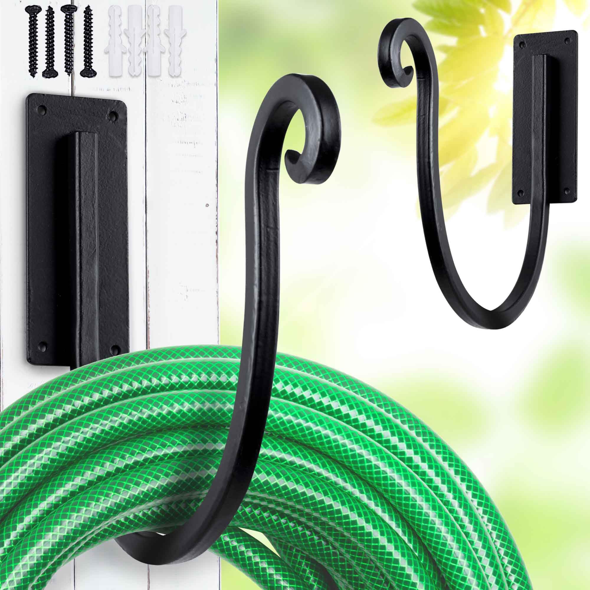 Soportes de manguera para montaje en pared (metal/8 pulgadas), ganchos de manguera de jardín resistentes para exteriores, soporte de manguera forjado a mano, 2 unidades