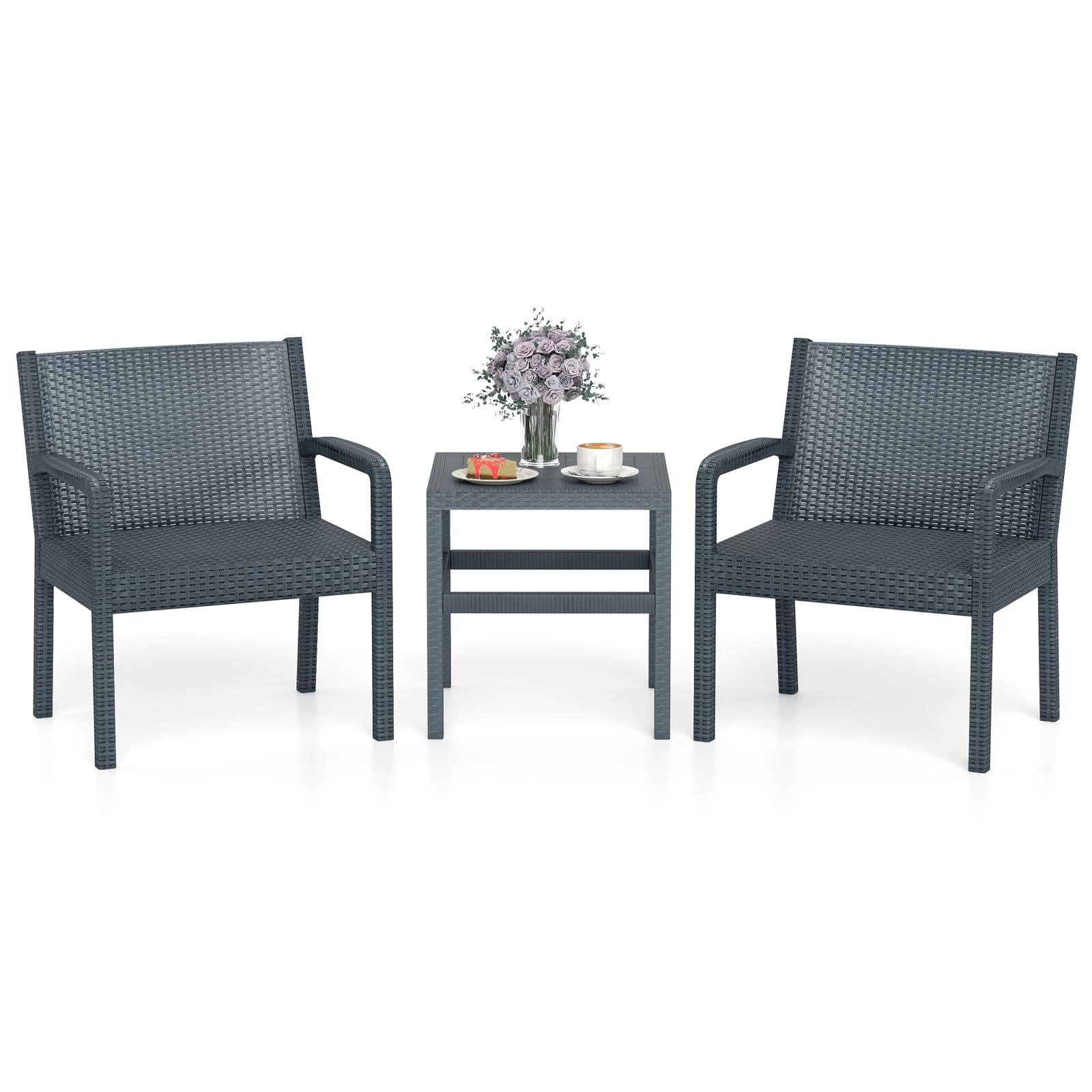 LIFEZEAL Conjunto Muebles Jardín Exterior, Juego Mesa y Sillas Jardín con Respaldo Inclinable y Apoyabrazos, Refuerzo de Travesaños, Ratán PP para Terraza Comedor Balcón