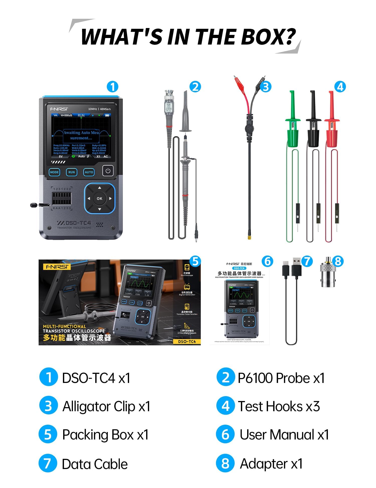 Oscilloscope, DSO-TC4 Oscilloscope Numérique 3 en 1 Largeur de Bande 10MHz 48Ms/s Échantillonnage 13 Sortie de Signal Auto à une Touche Testeur de Transistors Électronique Testeur de Composants Charge