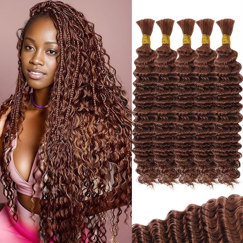 12A #30 Auburn Brown Human Braiding Hair for Boho Braids 5 Bundles 16 Inch 160g Deep Wave Braiding Hair for Bohemian Knotless Braids 100% Unprocessed Virgin Bulk Hair Extensions No Weft