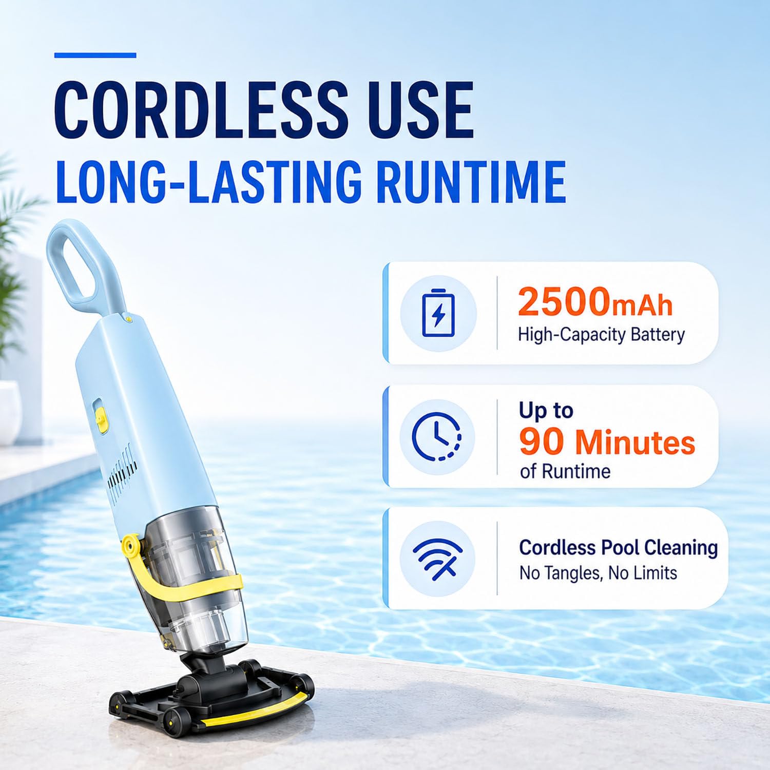 Limpiador piscina inalámbrico 36800 Pa, pértiga telescópica 2,4 m 2.5AH | Limpiador con doble filtro y funcionamiento a batería, llega a todos los rincones de la piscina sin agacharse