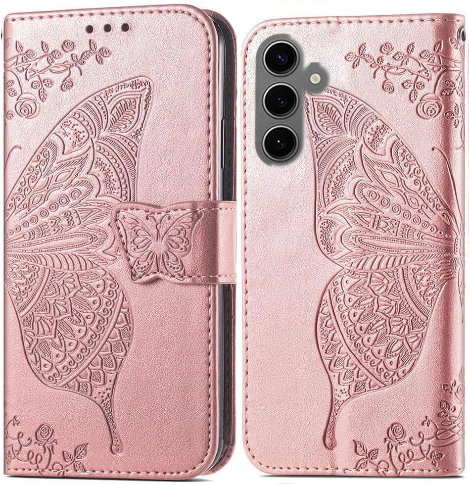 Image of ClickCase Butterfly Series for Samsung Galaxy M35 5G Leather Embossing Wallet Flip Case Kick Stand Magnetic Closure Flip Cover for Samsung Galaxy M35 5G (Rose Gold)