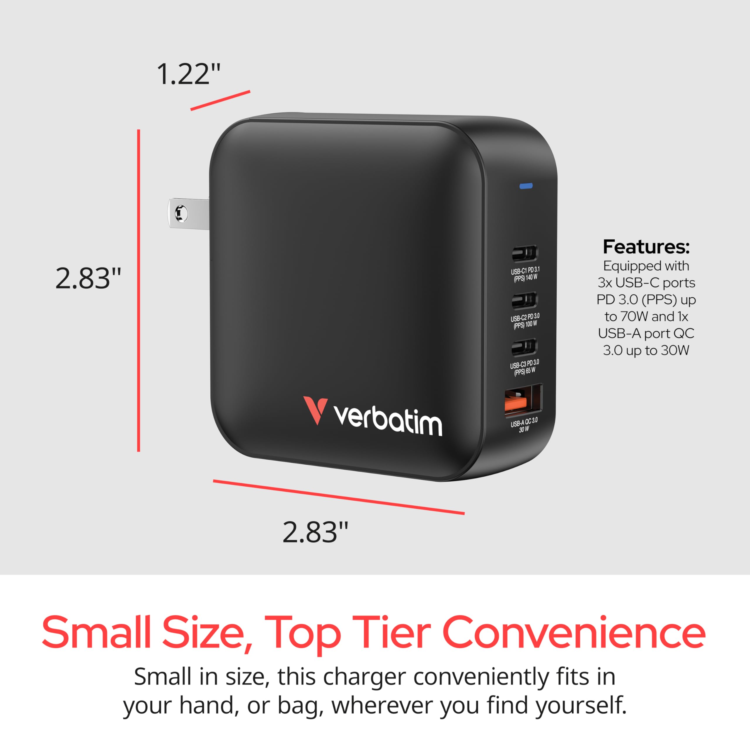 Verbatim Mini GaN Charger Adapter podróżny 165 W 1x USB-A, 3X USB-C® Power Delivery, USB PD 3.1, QC 3.0 Czarny Ładowanie