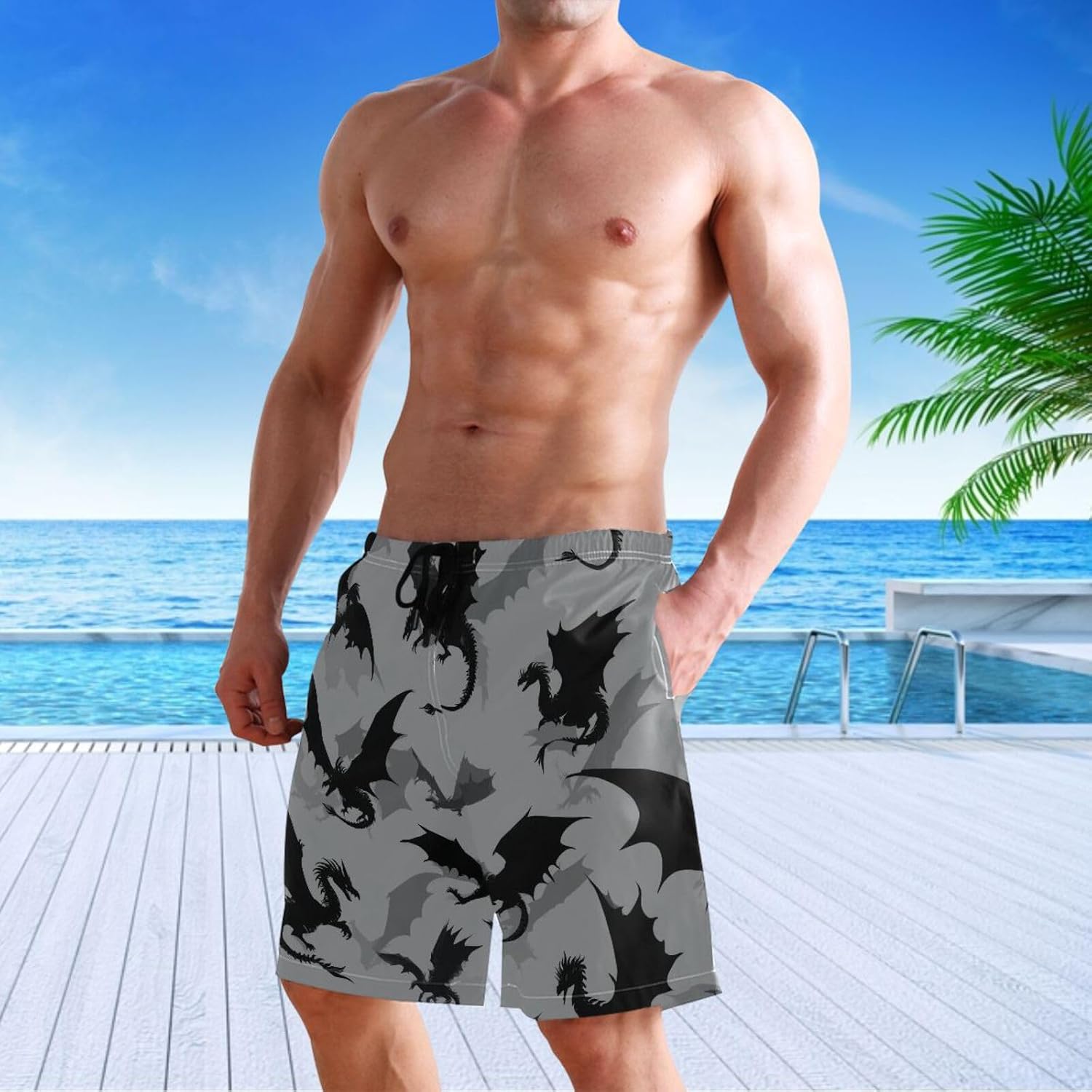 visesunny Black Palm Trees Red Men's Summer Beach Shorts Mens Swim Trunks Bathing Suits Board Shorts with Mesh Lining S-XXL