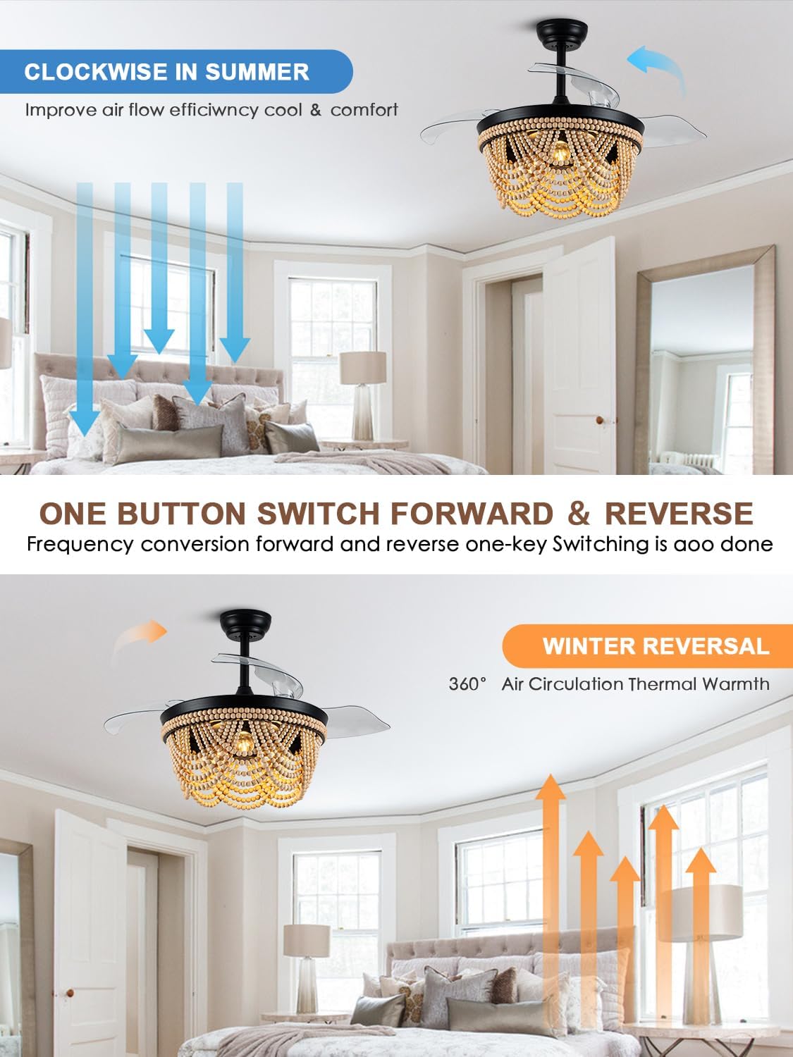 Boho Ceiling Fan with Light, Modern Ceiling Fan with 6 Speed, Wood Beads Flush Mount Ceiling Fans for Bedroom Living Dining Room Kitchen (42 inch)
