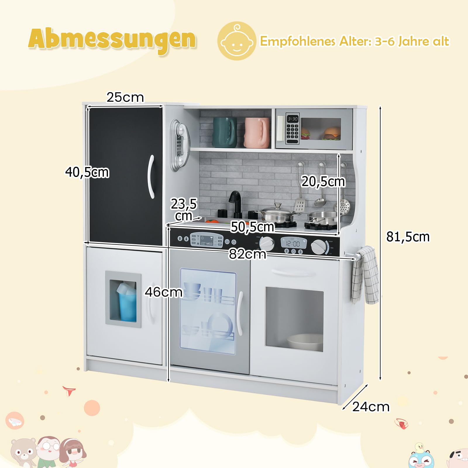 DREAMADE Kinderküche Holz mit Zubehör, Kinderspielküche Holzküche mit Herd Geschirrspüler Eismaschine Kühlschrank mit Tafel, Spielküche für Jungen und Mädchen ab 3 Jahren (Weiß)