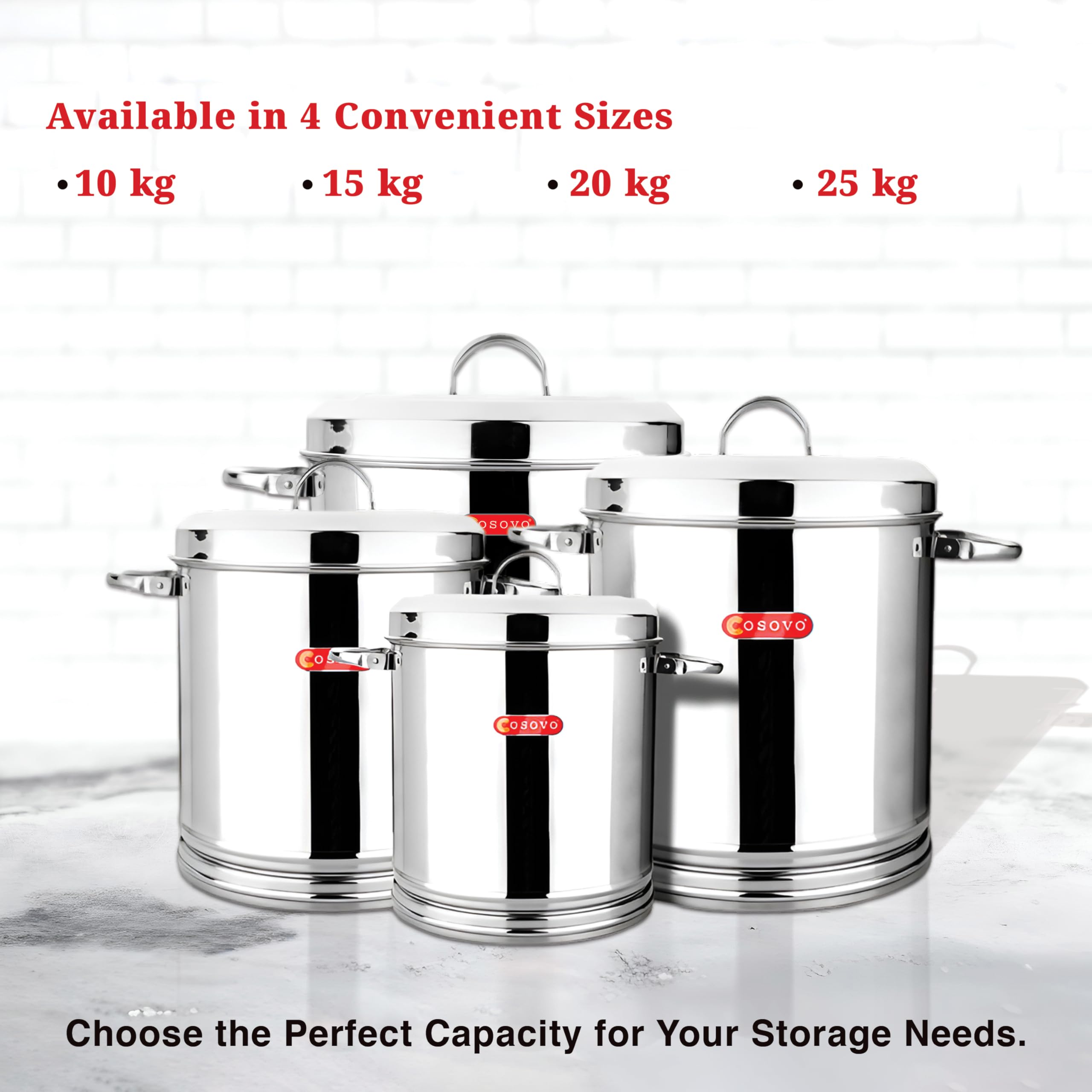 COSOVO® Contenedor hermético de acero inoxidable para almacenamiento de cocina, 25 kg