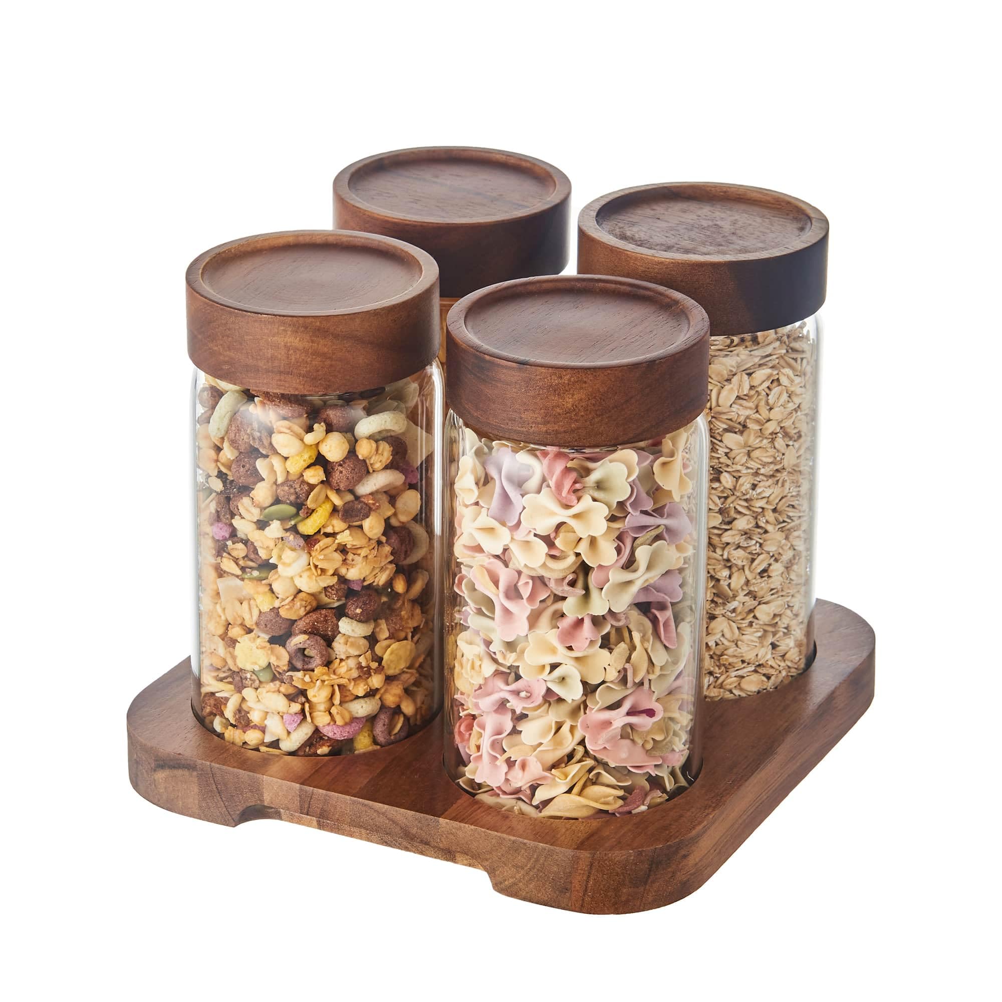 Eden & Willow Set of 4 Borosilicate Glass Storage Jars with Airtight Acacia Lids and Acacia Tray | Airtight Leak-Proof Pantry Containers | Kitchen Storage Canister Set with Non-Slip Tray and Handles