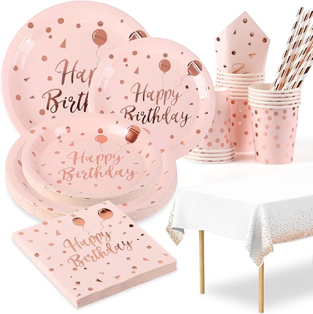 Jonvell Pink and Rose Gold Party Supplies Birthday Party Tableware Set Pink Rose Gold Party Paper Plates Cups Napkins Straws Tablecloth Pink Birthday Party Plates for 16 Guests