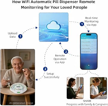 WiFi Automatic Pill Dispenser with App Remote Monitoring | Tracks Adherence History, App/Sound/Light Alerts, LCD Display, 28-Day Locking Medication Organizer for Seniors, Caregivers