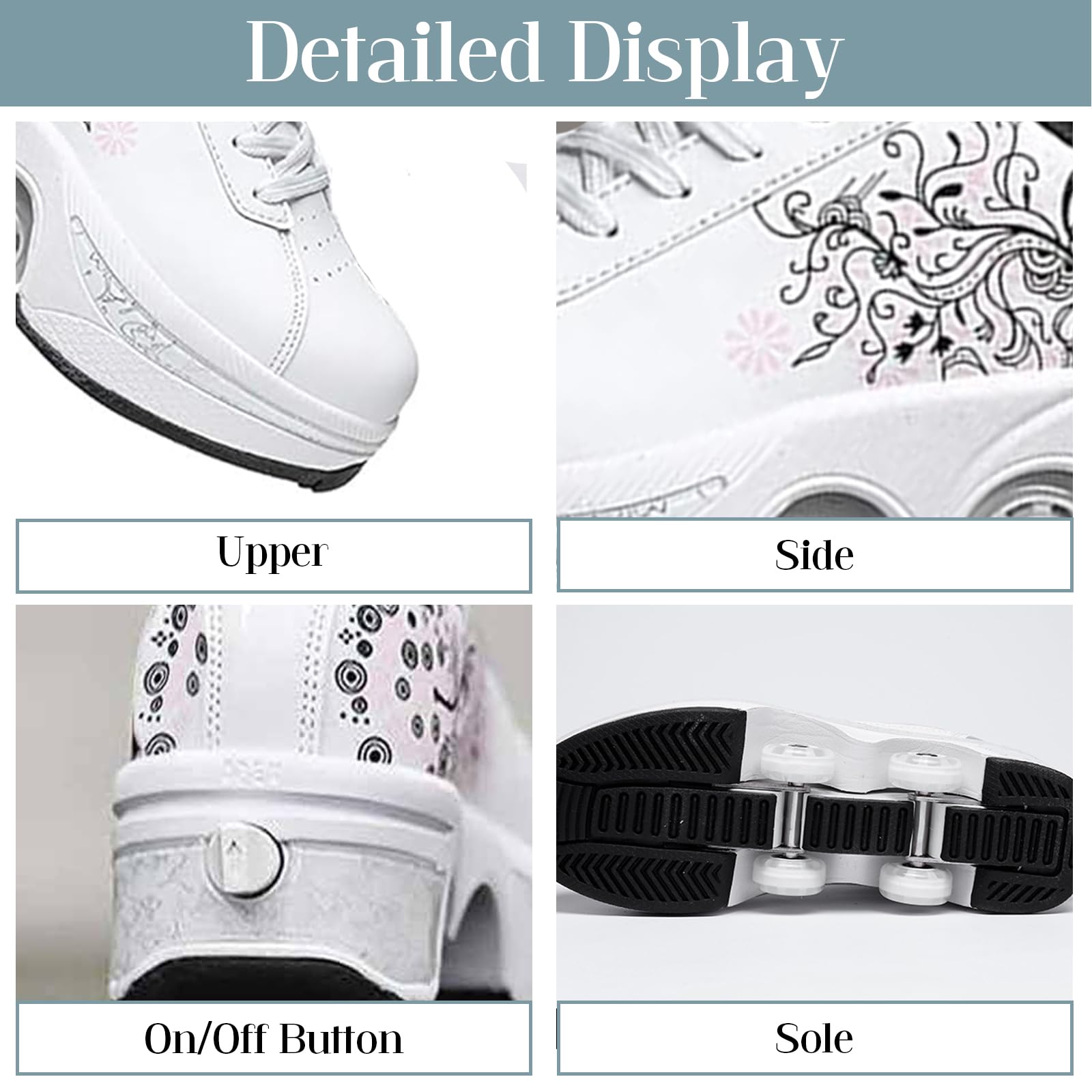 Rollschuhschuhe für Herren und Damen, 2-in-1, zweireihig, Deform-Rollschuhe, Jungen und Mädchen, Turnschuhe mit abnehmbaren Rädern, für drinnen und draußen