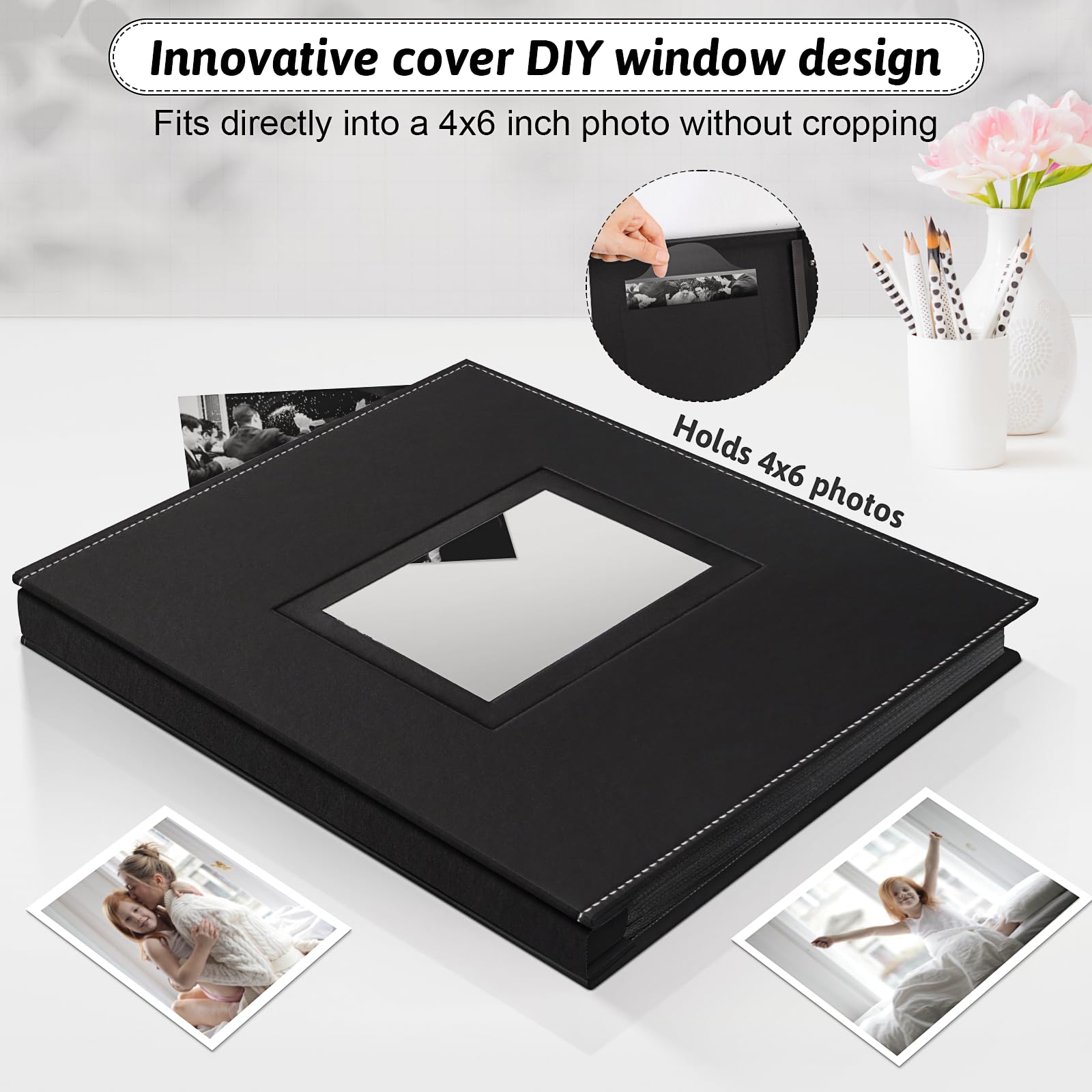 Popotop Álbum de fotos de 4 x 6 pulgadas con tapa dura de cuero como regalo de boda, aniversario, libro de recuerdos de bebé con bolsillos verticales y horizontales para familia, pareja con diseño de