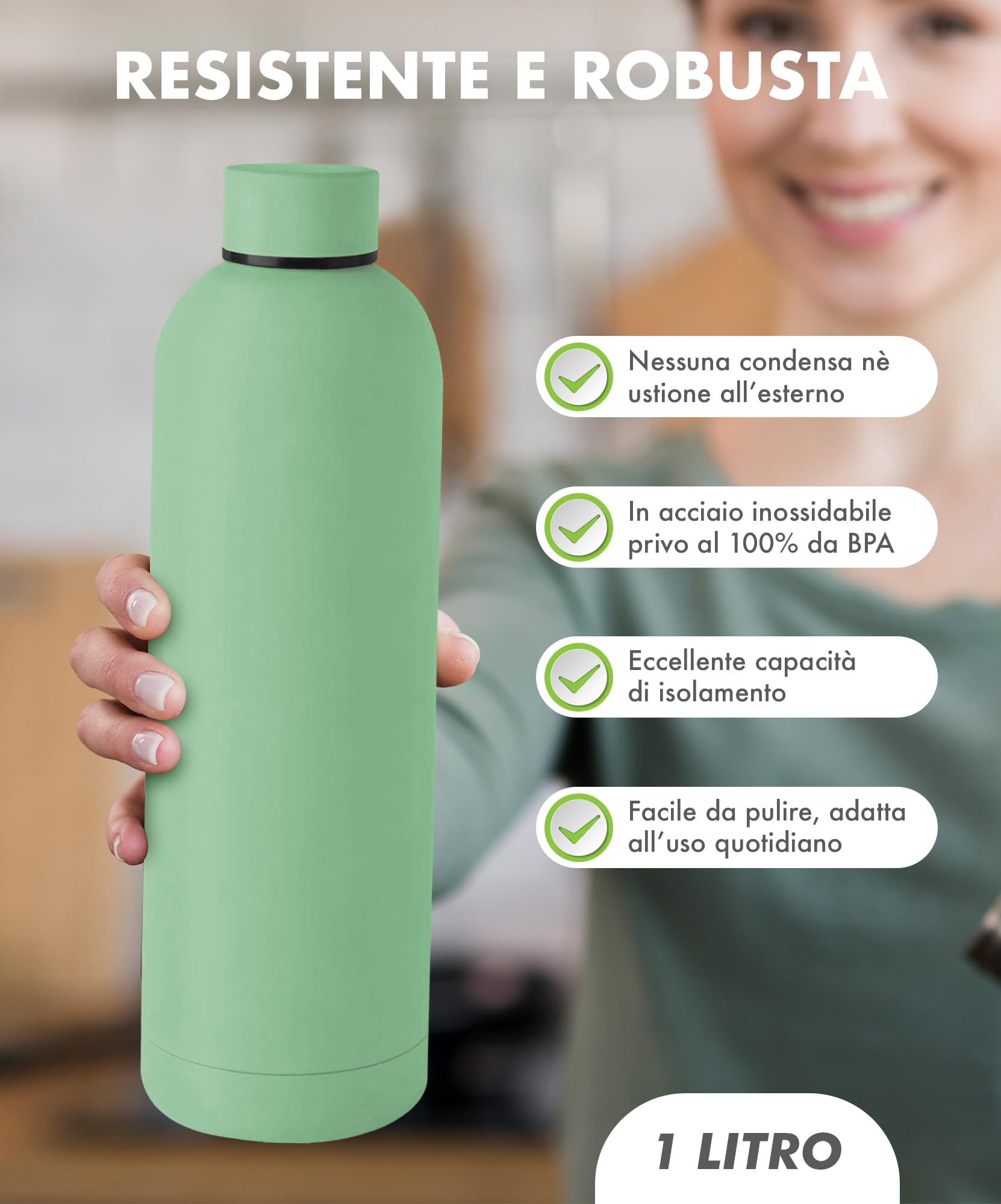 Borraccia Termica Acciaio Inox 1 Litro - Mantiene Caldo 12h E Freddo 24h, Blu - Foto 3