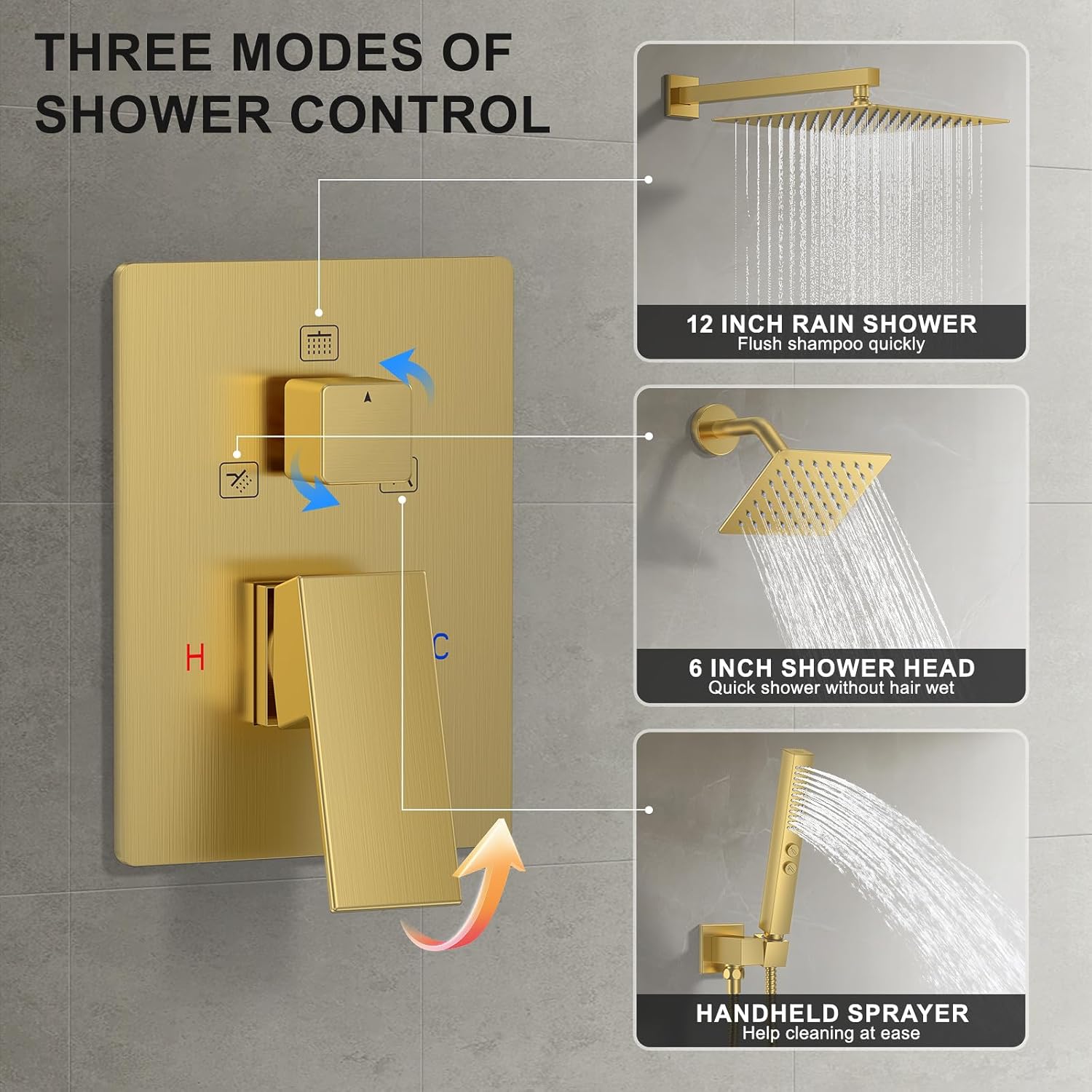 Shower Faucet Set, Wall Mounted Rainfall Shower System 12"+ 6" Dual Shower Head Sets with 2 in 1 Handheld Spray with Rough-in Valve and Shower Trim Kit, Brushed Gold