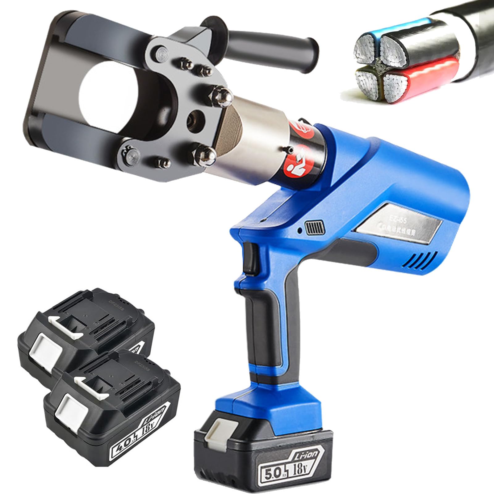 Cortacables Hidráulico Inalámbrico, 18V Herramienta De Corte Eléctrica Con Carraca, Capacidad 40/55/85/105mm Cables Cobre Aluminio Armados, Hoja De Acero Aleado Resistente Con Maletín EZ-40