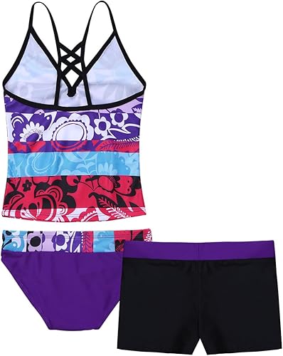 Hularka 3 PCS Kids Girls Tankini Set Floral Swimsuit Tops with Bottoms Shorts Swimwear Bechwear Bathing Suits(Purple,8)