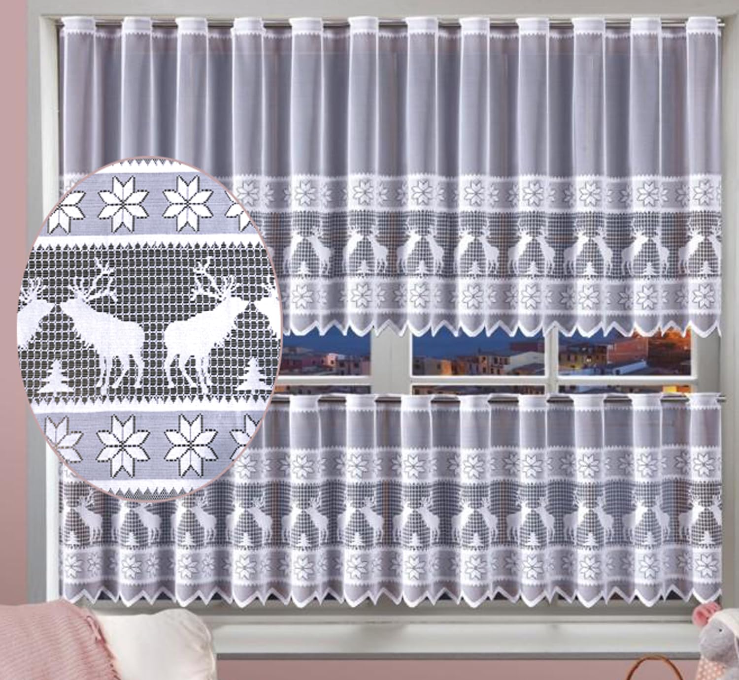 MforStyle White CAFE Net Curtain CHRISTMAS REINDEER SNOWFLAKE - READY TO HANG - HEMMED SIDES - Winter Window decor - MANY SIZES - (selected curtain, 3 Metres Width, DROP: 20" (50cm)