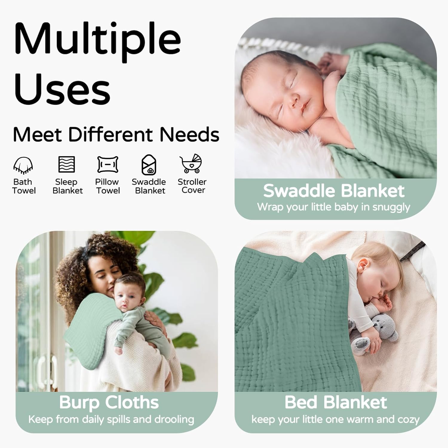 Yoofoss Hooded Baby Towels for Newborn 2 Pack 100% Muslin Organic Cotton Baby Bath Towel with Hood for Babies, Infant, Toddler and Kids, 32x32Inch, Soft and Absorbent Newborn Essential, Gradient Green - Image 4