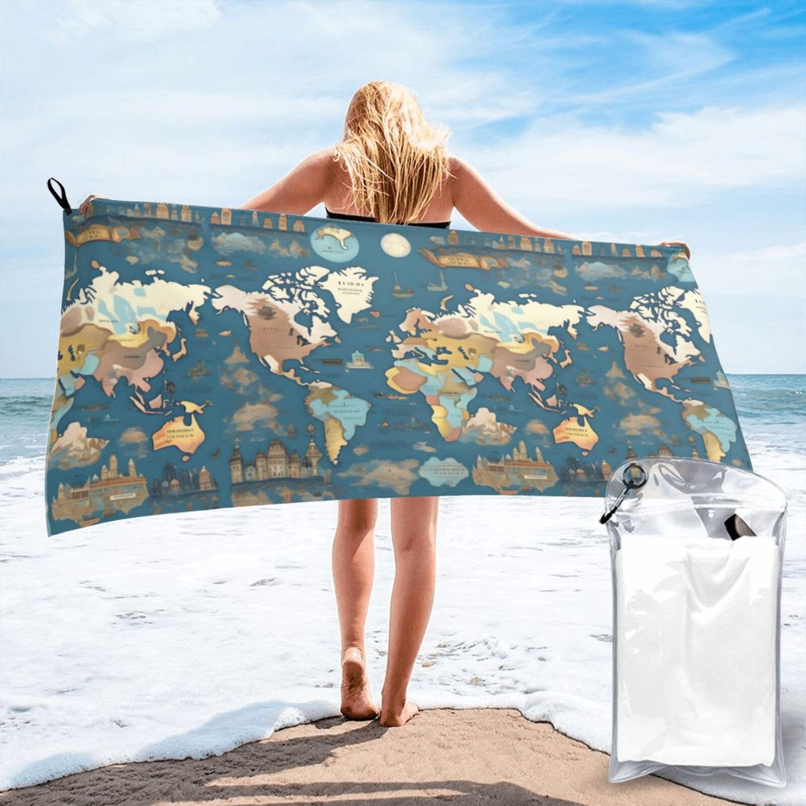 Serviette de bain pour voyage et gym avec motif mappemonde original