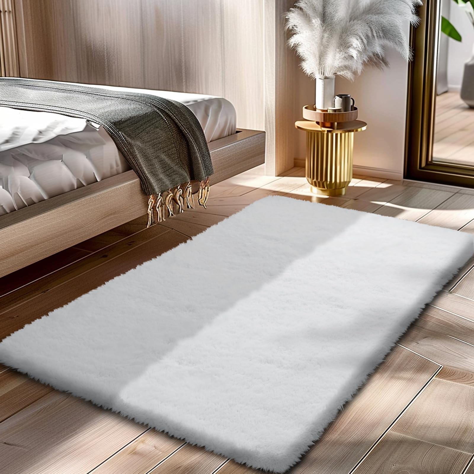 Fluffy Rug Shaggy Area Rug, White 2x4 Area Rugs for Bedroom, Small Bedside Rug, Soft Fluffy Shaggy Entryway Throw Rugs for Living Room Bedroom Kids Room Home Decor