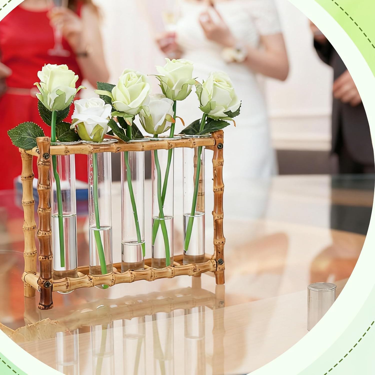 Natural Bamboo Vase with 5 Glass Tubes, Plant Propagation Station with Test Tube, Hydroponic Plants Cutting, Modern Art Decor Floral Display, Rectangular Planter for Home Decor Flower Holder