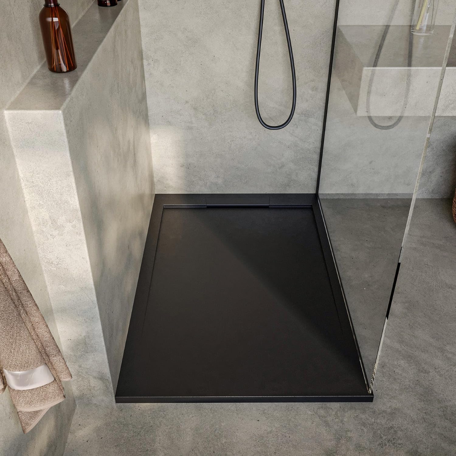 SOULBATH Receveur de Douche Ultra-Plat Antidérapant – Résine Gel Coat - Texture Lisse/Pierre – NOIR - 180x90 - Grille intégré même couleur - Bonde de vidange incluse.