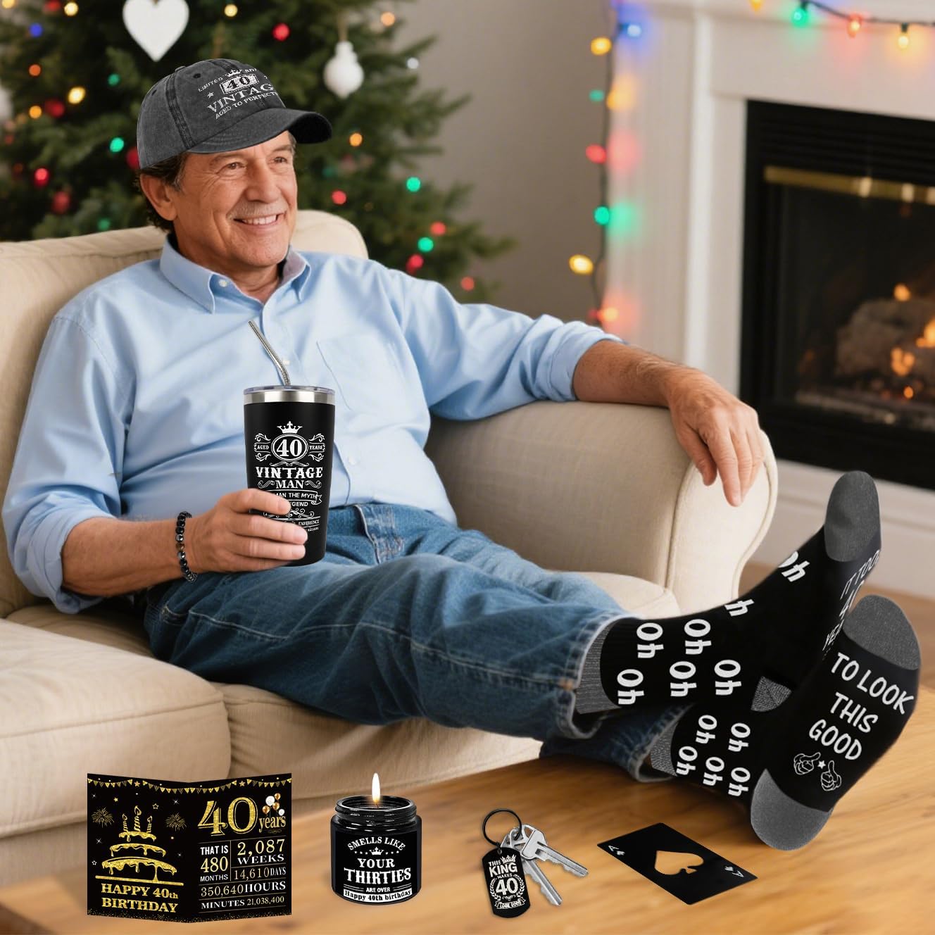 40th Birthday Gifts for Men - Unique Birthday Box with 20 Oz Tumbler, Baseball Cap, Socks, Bracelets, Scented Candle, Happy 40th Birthday Decorations for Husband, Dad, Friends, Boss - Image 3