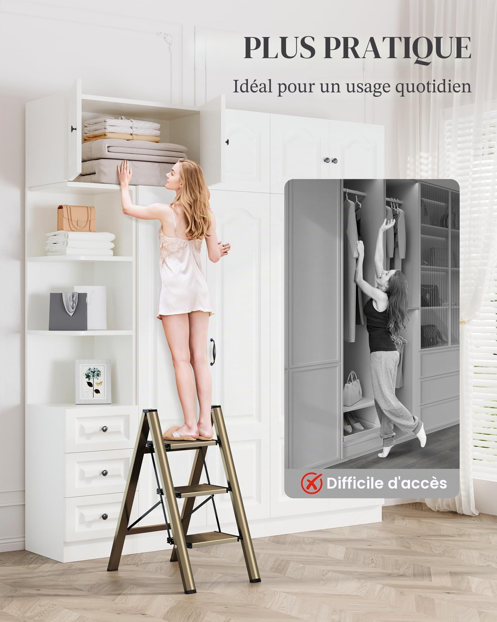 Escabeau pliable à 3 marches avec large pédale antidérapante, matériau en aluminium léger mais robuste, charge de 150 kg, aspect moderne mignon pour les espaces domestiques intérieurs,