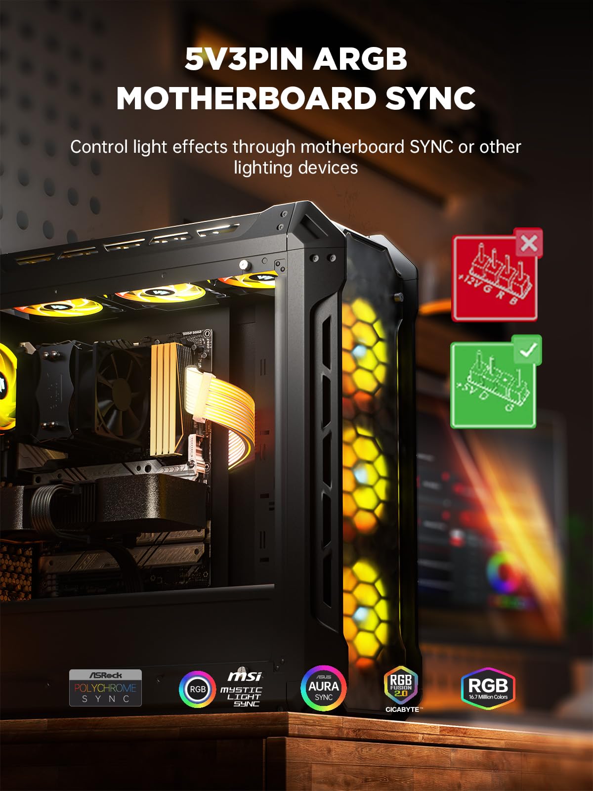 AsiaHorse 24-pins ATX adresseerbare RGB-kabel,ARGB 24PIN Motherboard kabel met mouwen,5V 3PIN PSU-kabelverlenging voor Motherboard,18AWG voedingskabelverlenging met verlichting, 25cm(Streep-Design