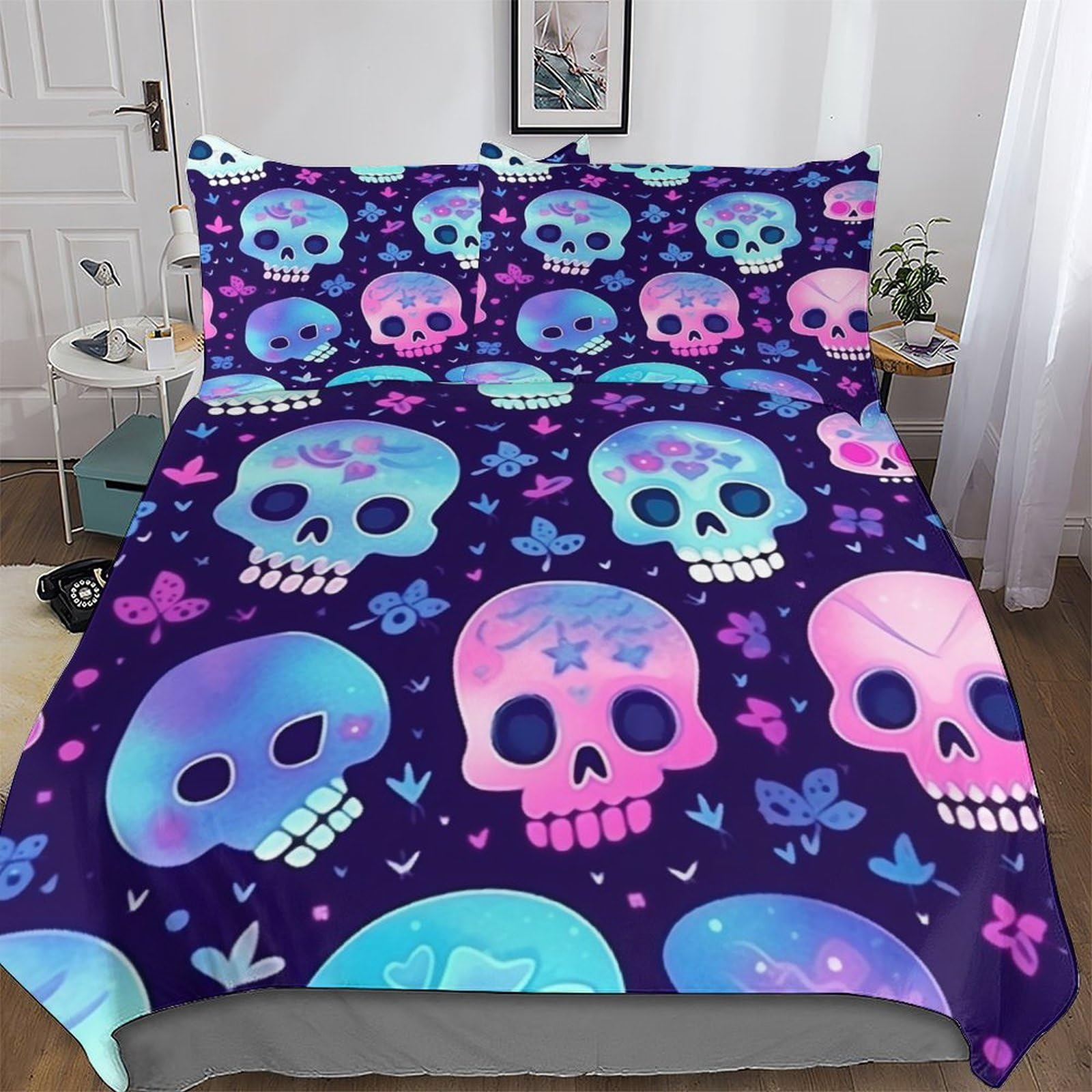 Parure de lit crâne 3D king 220x240cm avec housse de couette et taies microfibre
