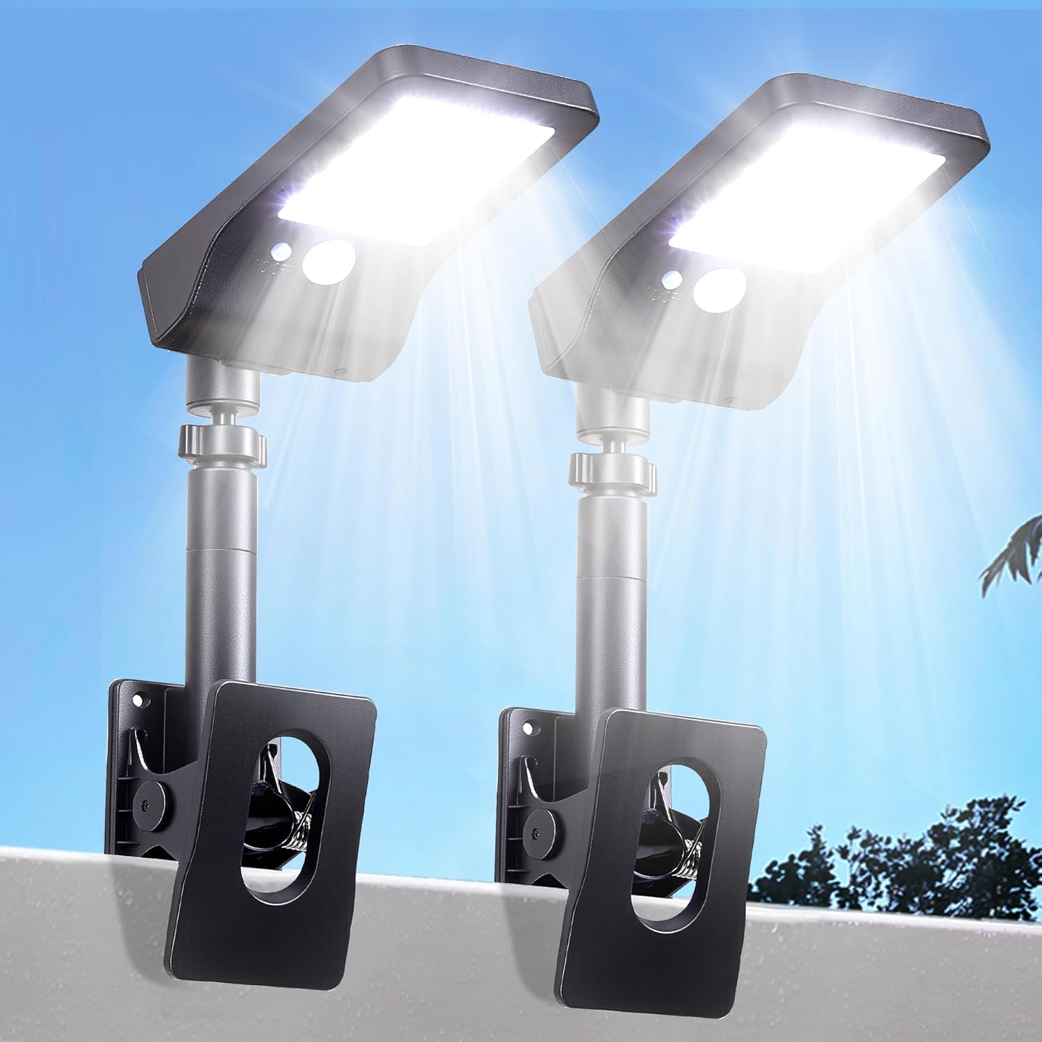 Clip on Solar Lights for Fence,1-Second Install Solar Fence Lights Outdoor, 360° Adjustable, 60 LEDs 600LM Motion Sensor Security Light for Fence, Yard, Deck, Camping(2 Pack)