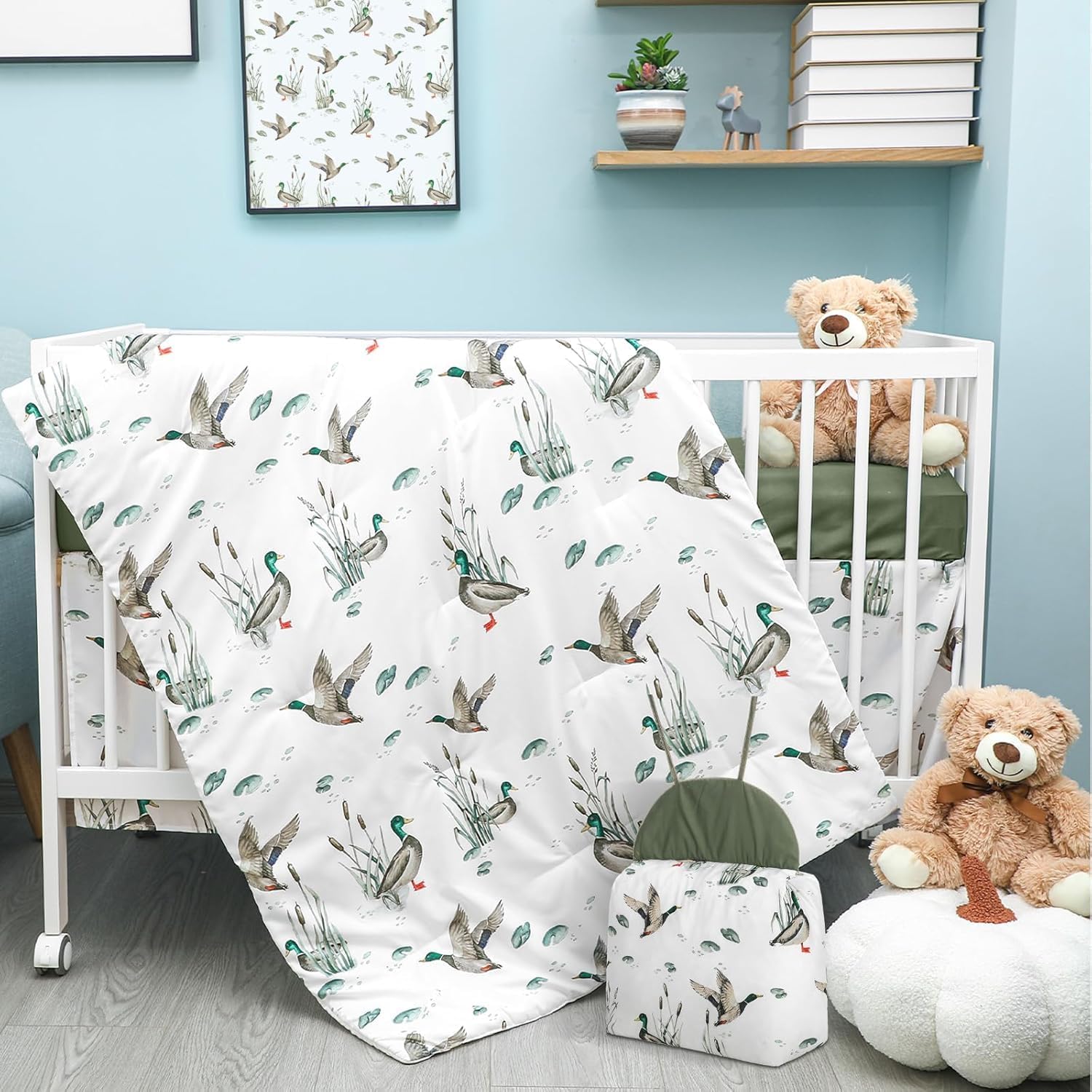 Mallard Duck Baby Crib Bedding Set Neutral Nursery Comforter Bed Sets | Nursery Décor with Fitted Crib Sheet, Comforter and Bed Skirt for Unisex Toddler Boys or Girl Duck Hunting, Stuff, Gift idea