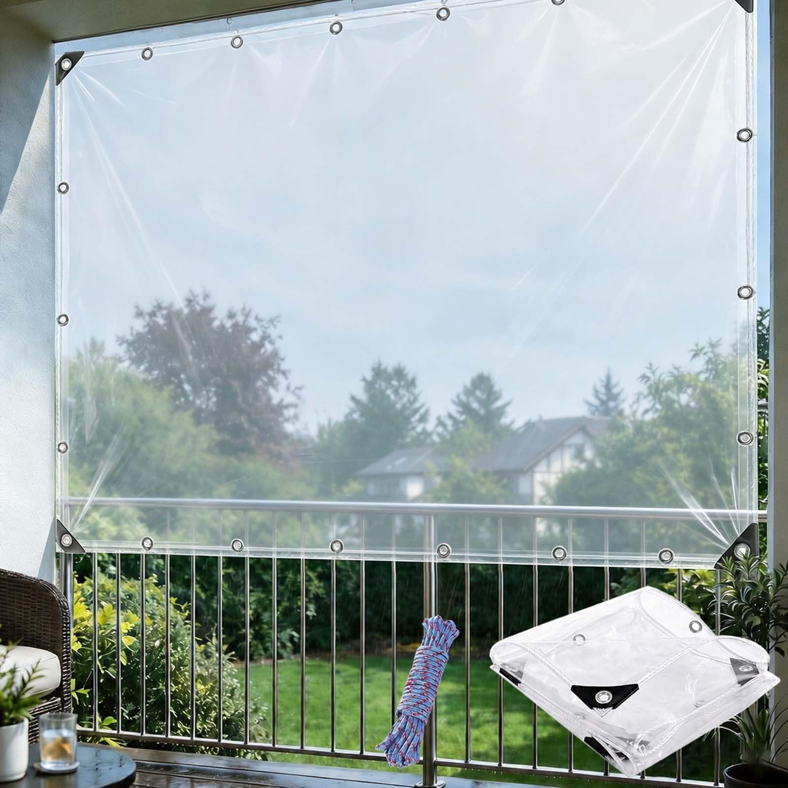 Clear Tarpaulin Waterproof 230 x 245 cm 400Gsm, with Reinforced Grommets, Include Rope Transparent PVC Tarp Sheet, Gazebo Waterproof Cover for Roof, Side Panels, colorless