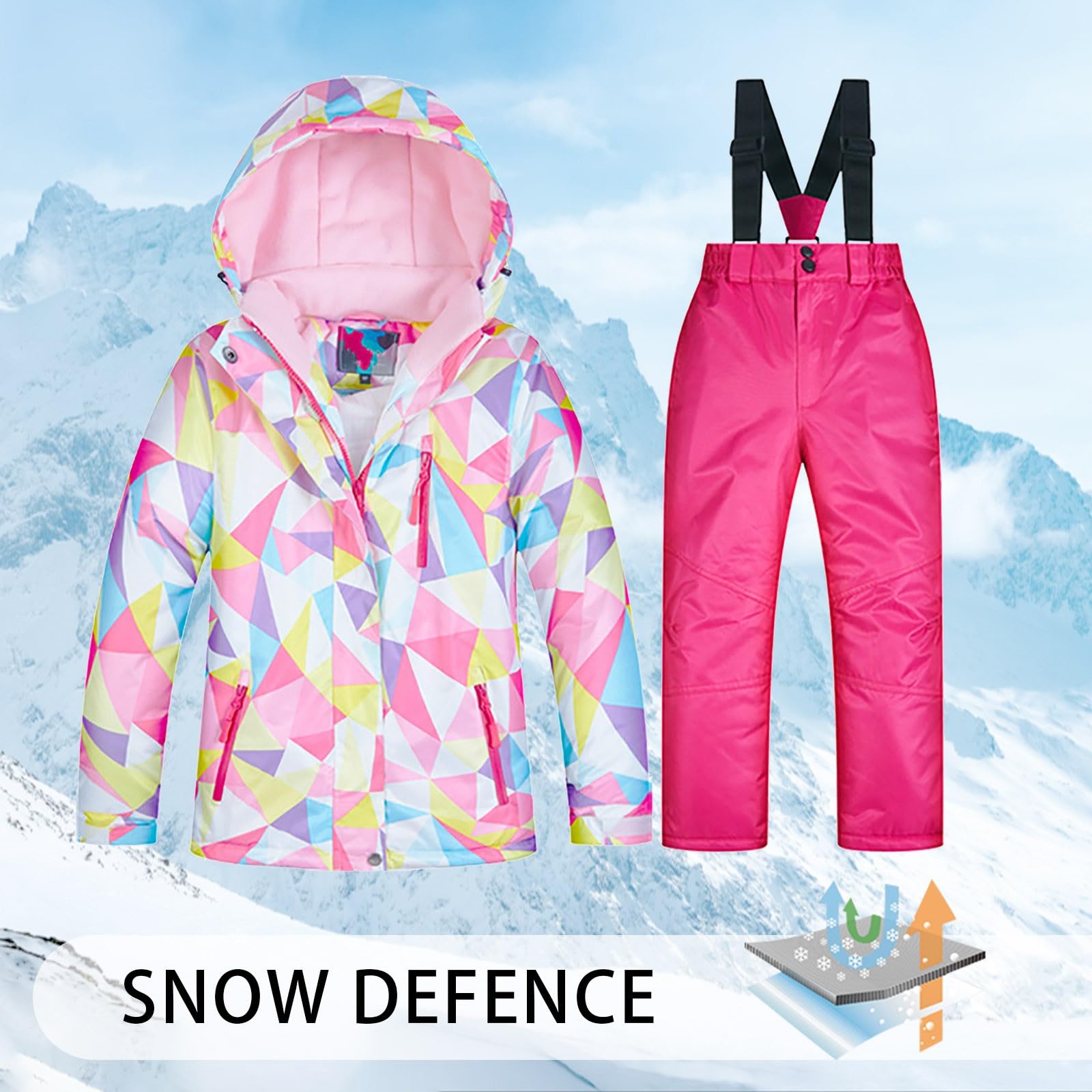 Nuevo 2025 Traje de esquí infantil con capucha y pantalones de esquí 2 piezas conjunto de ropa invierno a prueba de viento traje de nieve con impresión protección de lana chaqueta de esquí espesa