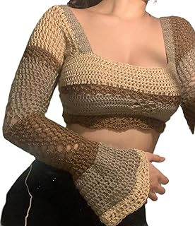 Y2k Women Long Sleeve Crop Top Crochet Knit Color Block Pullover Jumper Tops Loose Patchwork Shirts 90S Streetwear