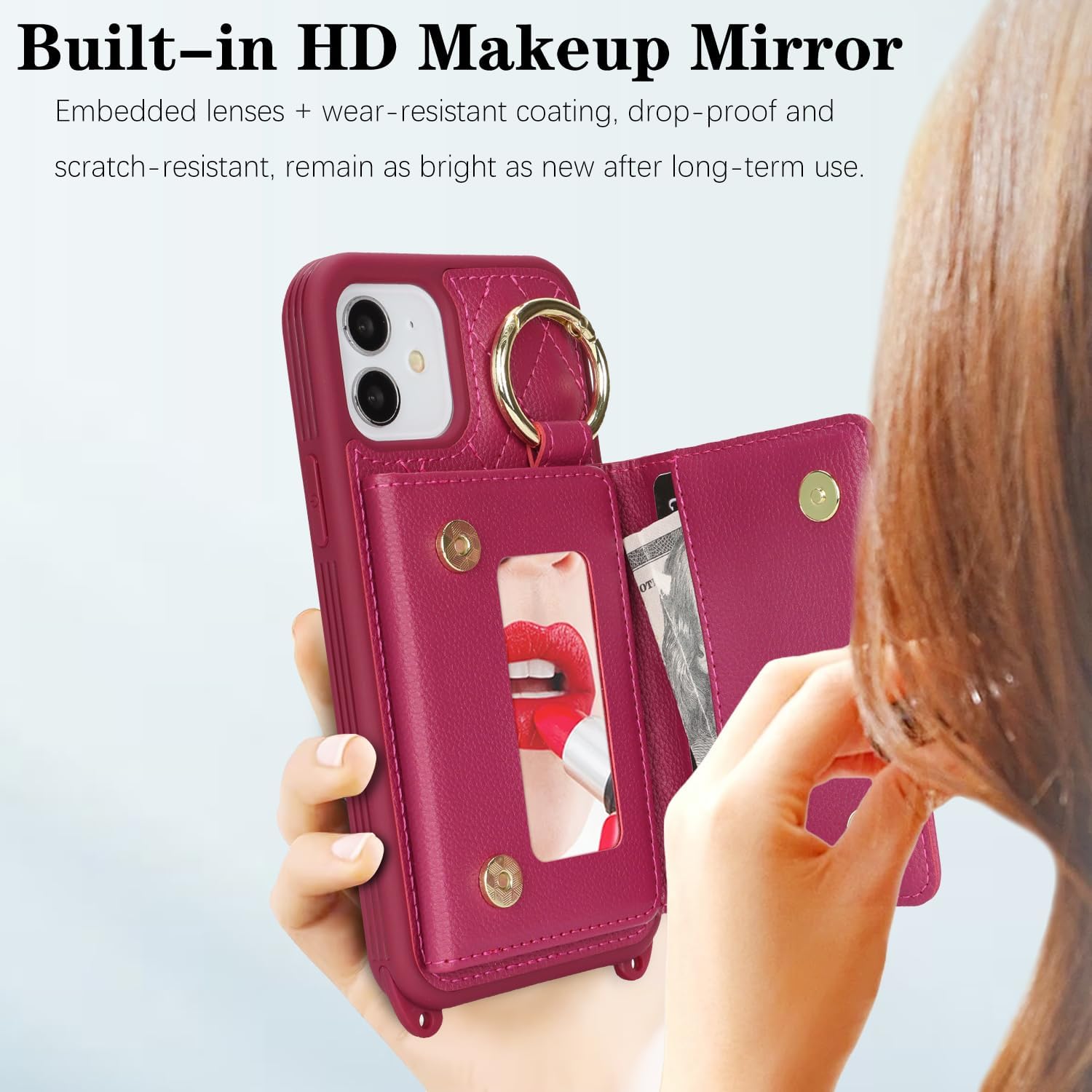 for iPhone 12 Case with Card Holder and Strap for Women,Crossbody Lanyard, Make Up Mirror,Ring Stand,Snap Clasp,Cute Phone Wallet Cases 6.1 inch - Rose red