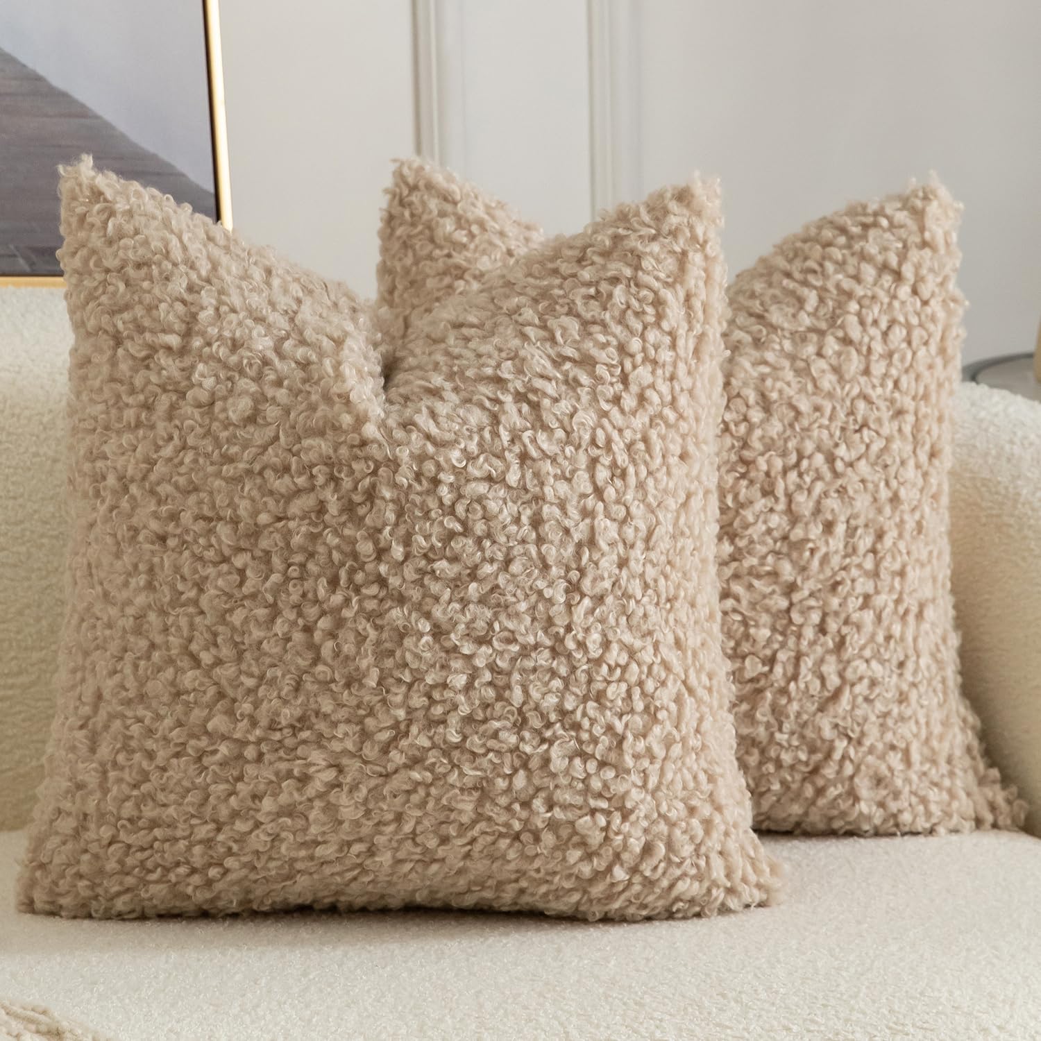 YAERTUN Pack of 2 Faux Fur Cushion Covers Decorative Sherpa Boucle Throw Pillow Covers Fuzzy Soft Sheepskin Fleece Pillowcases for Couch Sofa Bed Living Room 18x18 Inch 45x45cm Oatmeal — image 1