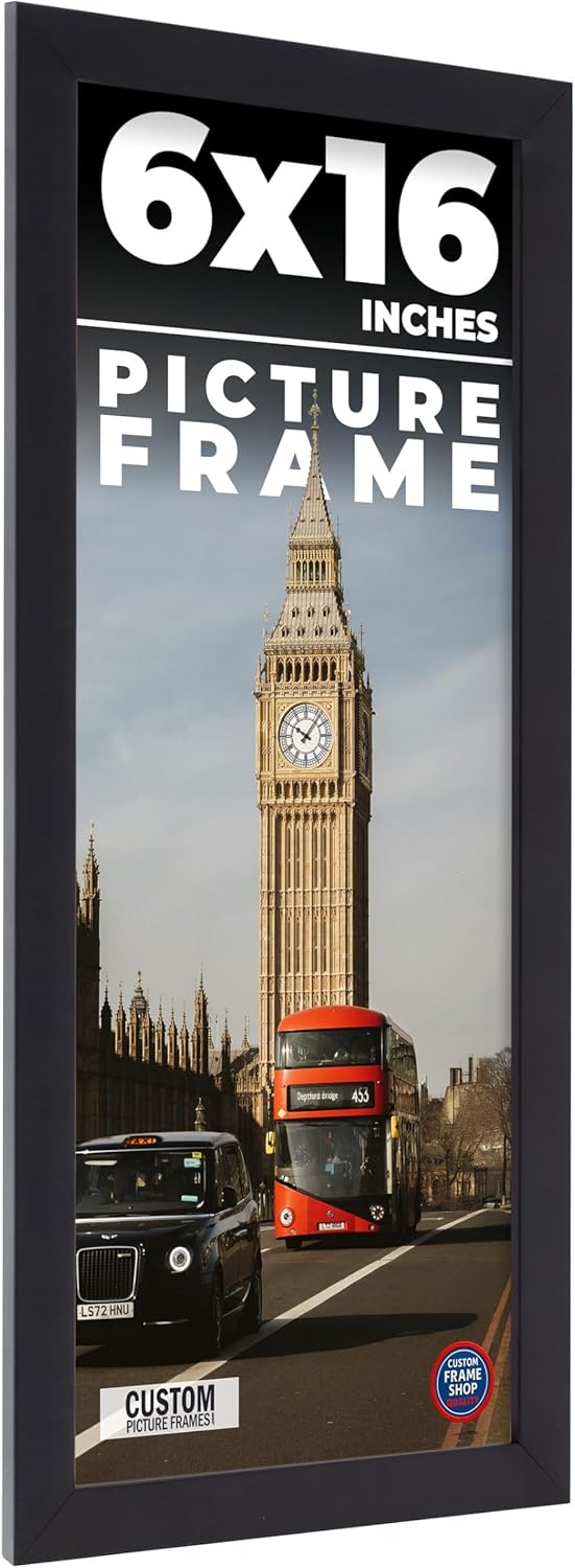 Noir Classique Mid Century Real Wood Picture Frame - 6x16 Inches, 0.75 Inch Width, 0.5 Inch Depth, UV Acrylic & Foam Board Backing, Hanging Hardware