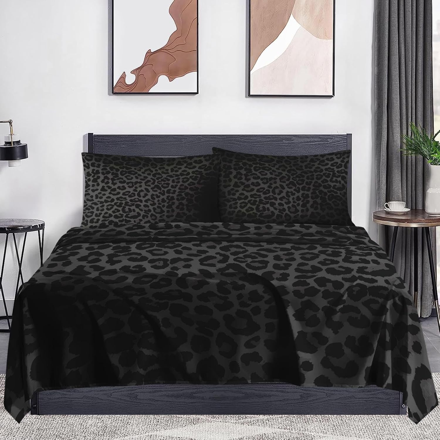 WeCozy 4 Pcs Queen Size Bed Sheet Sets with 2 Pillowcases, Leopard Cheetah Animal Soft Microfiber Bedding for Kids and Adults, Grey Black Flat, Fitted Sheet for Bedroom Bed Decor