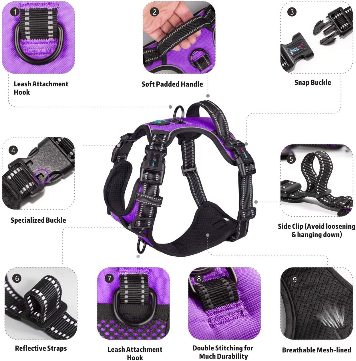 PHOEPET Updated Adjustable No Pull Dog Harnesses Reflective Puppy Vest +Handle +4 Snap Buckles +2 Metal Hooks for Small Dogs[Easy to Put on & Take Off](S,Purple)